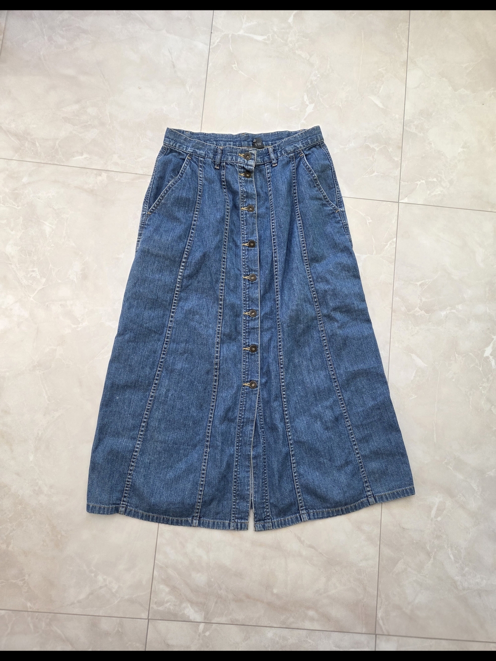 Classic Blue Denim Button-Front Maxi Skirt